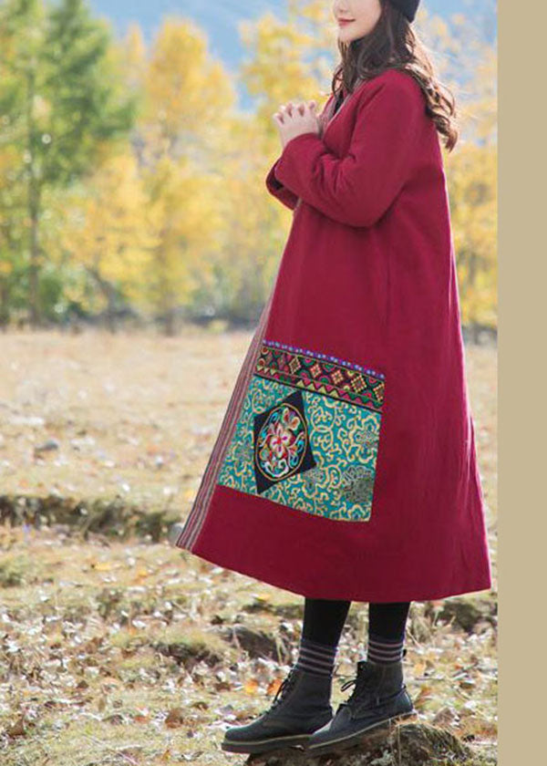 Red Patchwork Applique Fine Cotton Filled Long Coats Embroideried Oriental Button Winter - Down Jackets - DYAVOR®