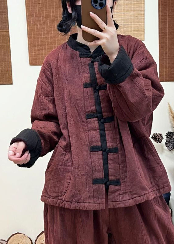 Red Patchwork Fine Cotton Filled Linen Coats Oriental Button Winter - Down Jackets - DYAVOR®
