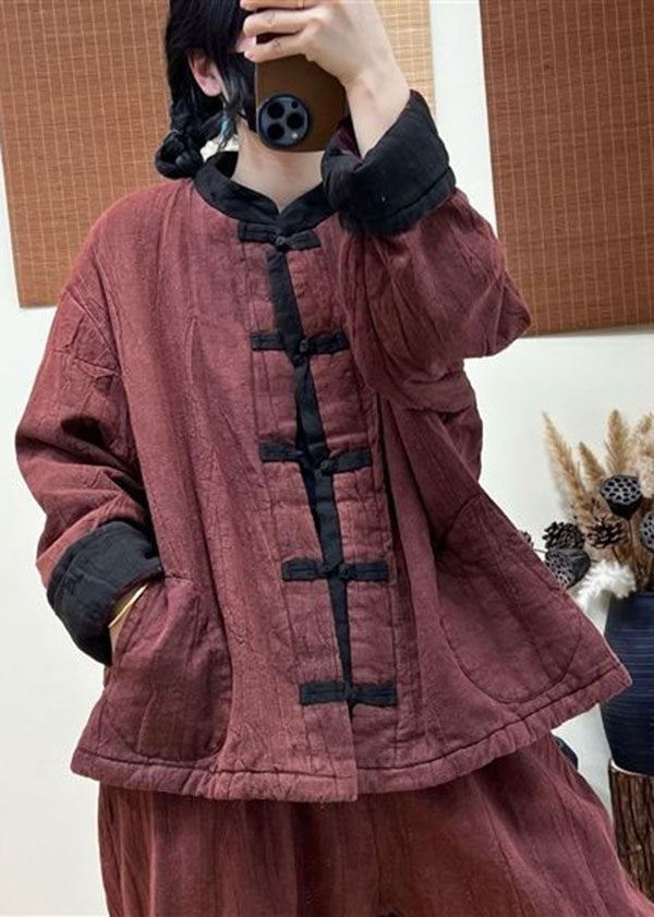 Red Patchwork Fine Cotton Filled Linen Coats Oriental Button Winter - Down Jackets - DYAVOR®