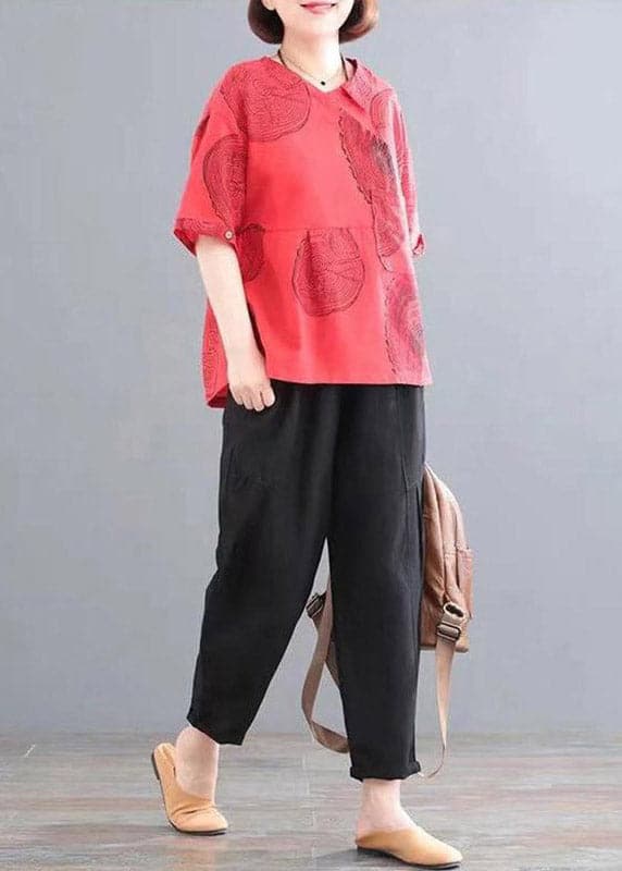Red Patchwork Pockets Top And Crop Pants Two Piece Set Summer - Two Pieces Set - DYAVOR®