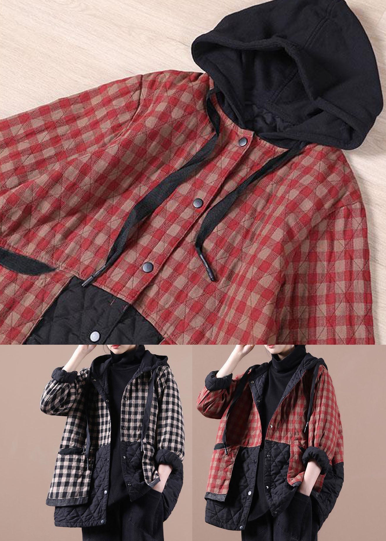 Red Plaid Patchwork Women Winter Parkas - Down Jackets - DYAVOR®