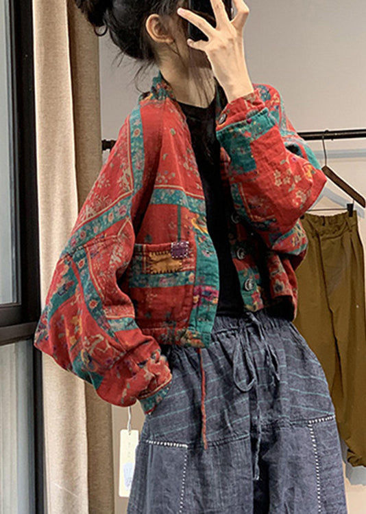 Red V Neck Button Linen Parka Batwing Sleeve - Down Jackets - DYAVOR®