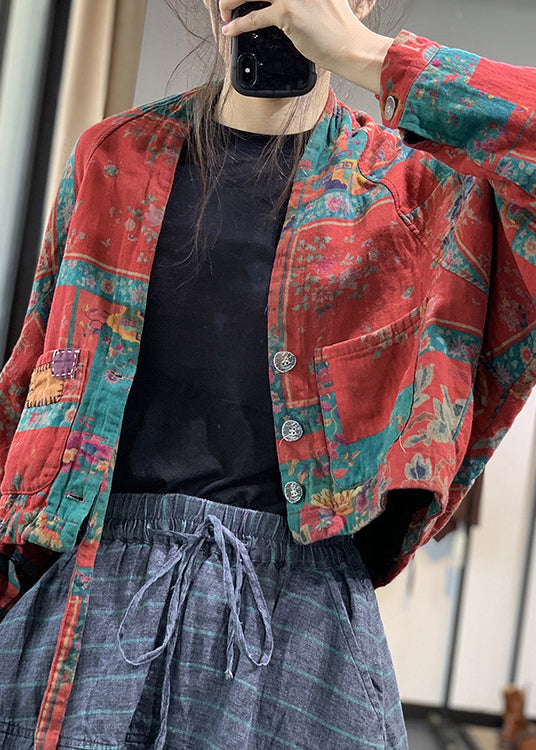 Red V Neck Button Linen Parka Batwing Sleeve - Down Jackets - DYAVOR®