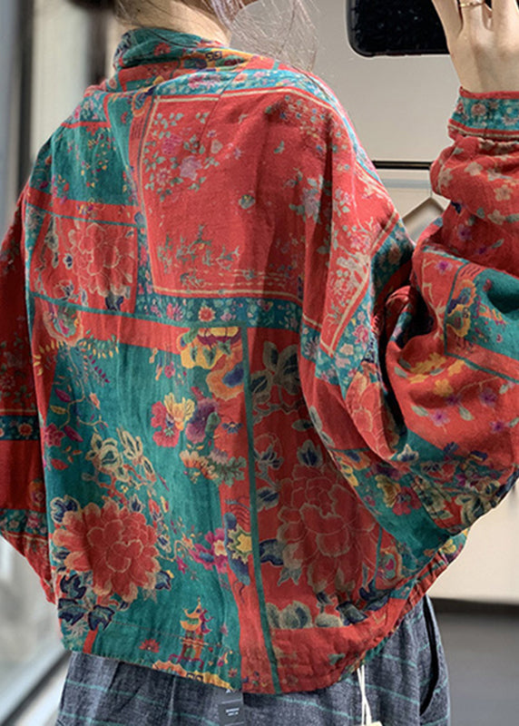 Red V Neck Button Linen Parka Batwing Sleeve - Down Jackets - DYAVOR®