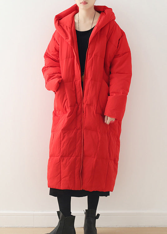 Red Zippered Pockets Hooded Down Coat Long Sleeve - Down Jackets - DYAVOR®
