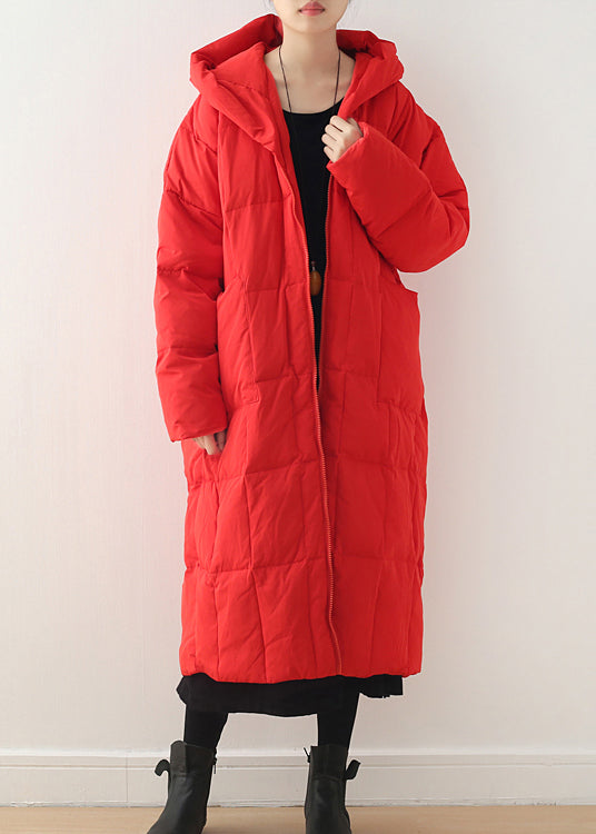 Red Zippered Pockets Hooded Down Coat Long Sleeve - Down Jackets - DYAVOR®