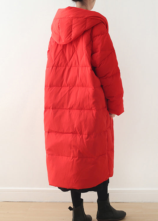 Red Zippered Pockets Hooded Down Coat Long Sleeve - Down Jackets - DYAVOR®