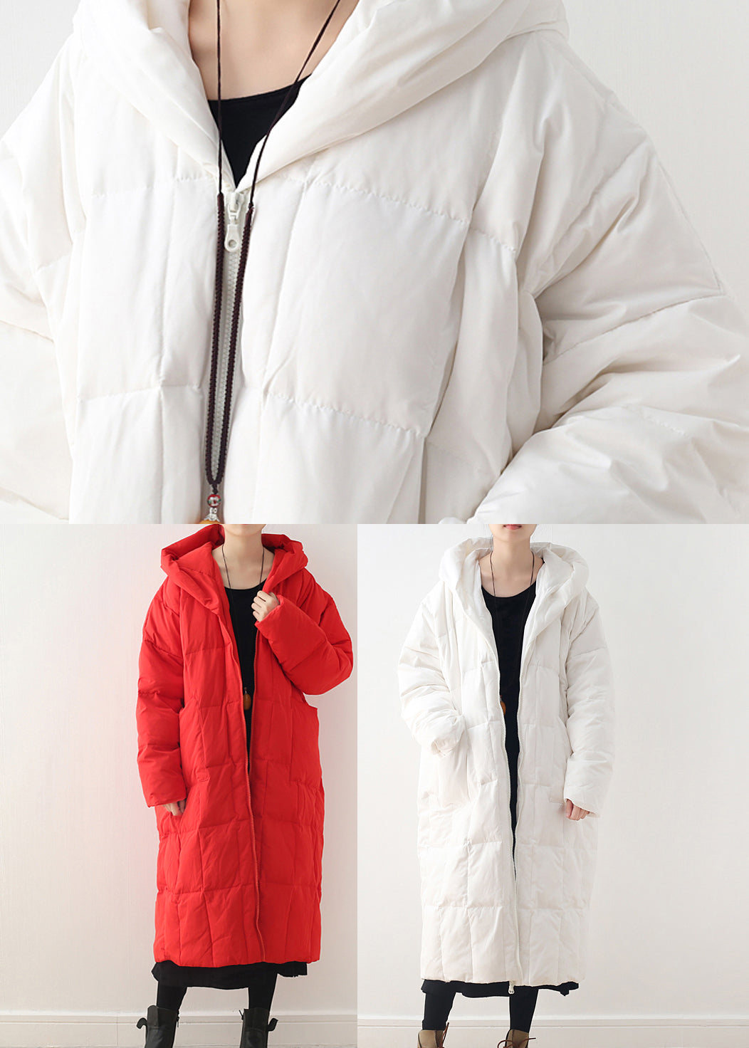 Red Zippered Pockets Hooded Down Coat Long Sleeve - Down Jackets - DYAVOR®
