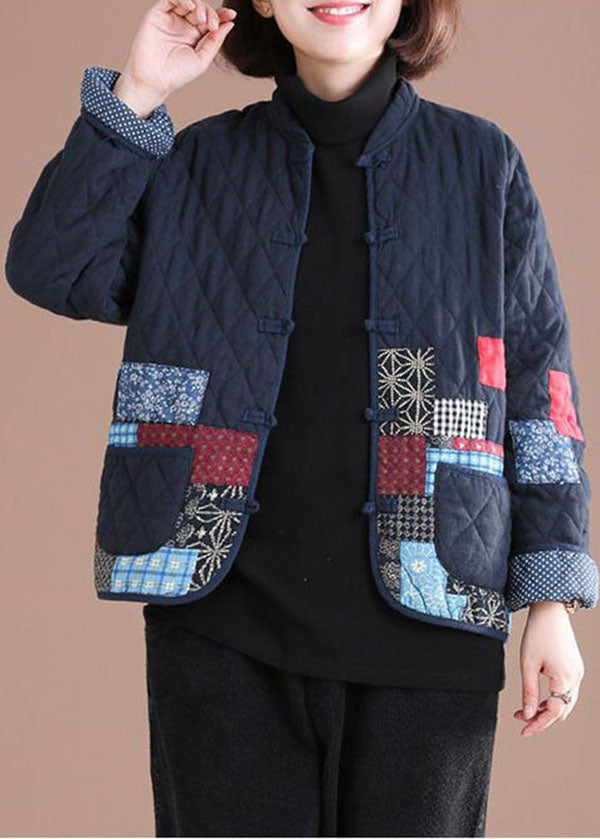 Retro Blue Oriental Patchwork Applique Fine Cotton Filled Jackets Winter - Down Jackets - DYAVOR®