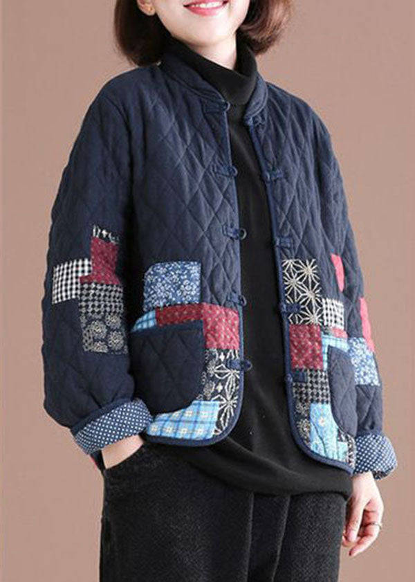 Retro Blue Oriental Patchwork Applique Fine Cotton Filled Jackets Winter - Down Jackets - DYAVOR®