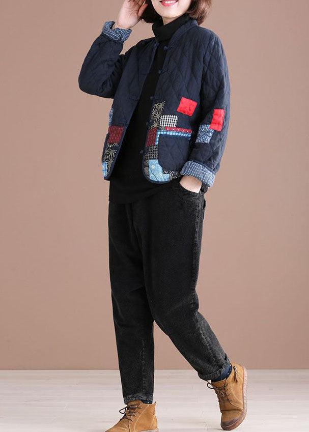 Retro Blue Oriental Patchwork Applique Fine Cotton Filled Jackets Winter - Down Jackets - DYAVOR®