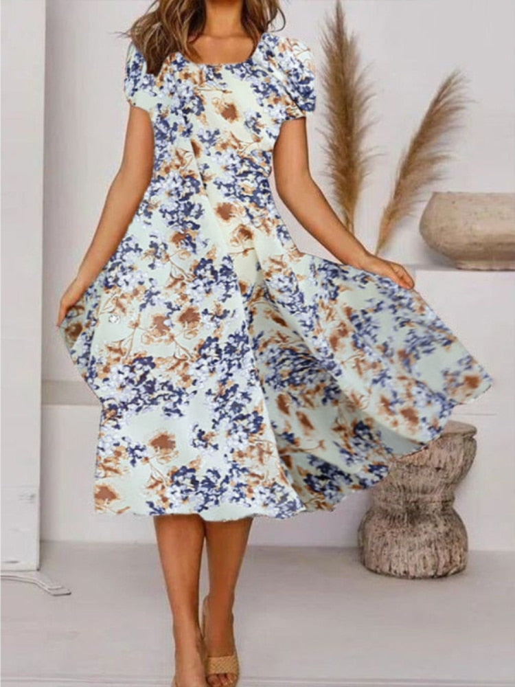 2022 New Summer Casual Print Dress Women's Fashion Short Sleeve Mid-length Skirt Bohemian Beach Holiday Skirt Dresses for Women - - DYAVOR®