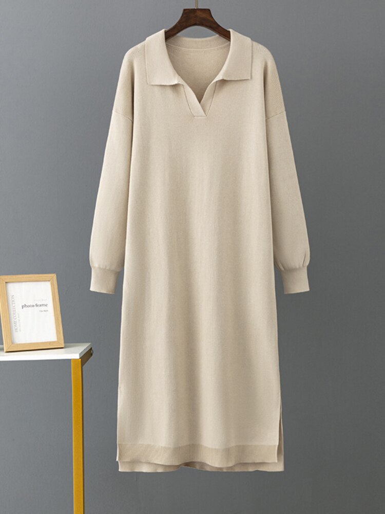 Long Dresses for Women Autumn Winter New Polo Neck Bottom Knit Sweater Loose Solid Color Ladies Dress Streetwear Female Clothing - - DYAVOR®
