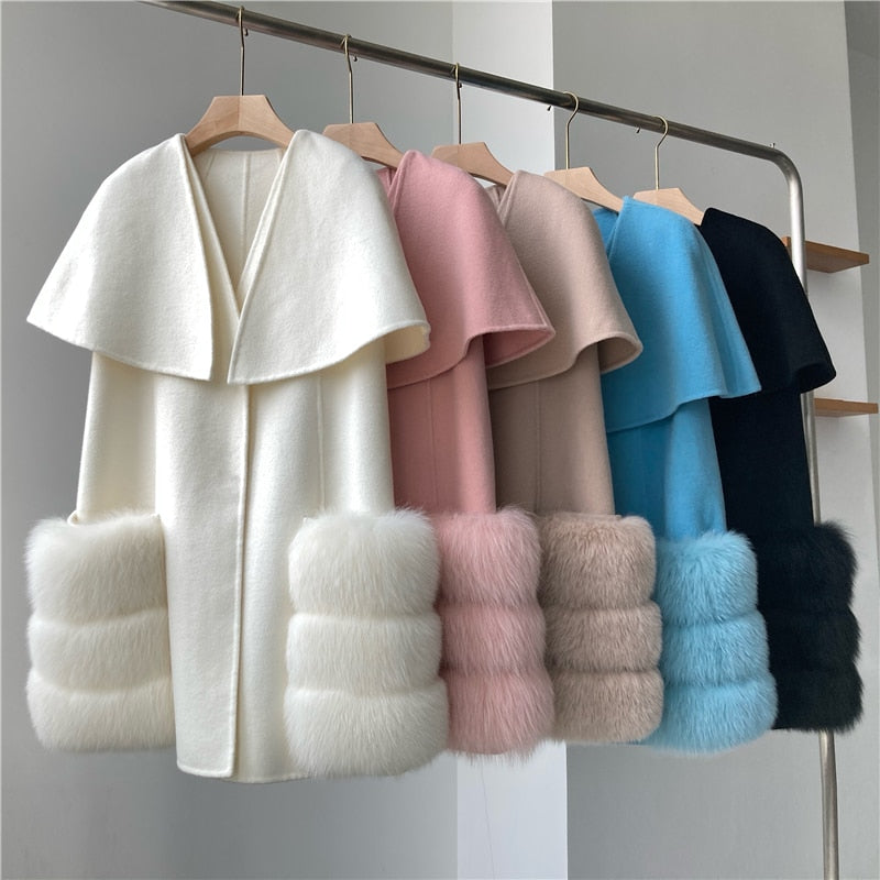 New 2023 Fall Winter Coats Luxury Women Real Lamb Wool Cashmere Fur Vest Waistcoat Stylish Long Real Fox Fur Jackets Cloak Coats - - DYAVOR®