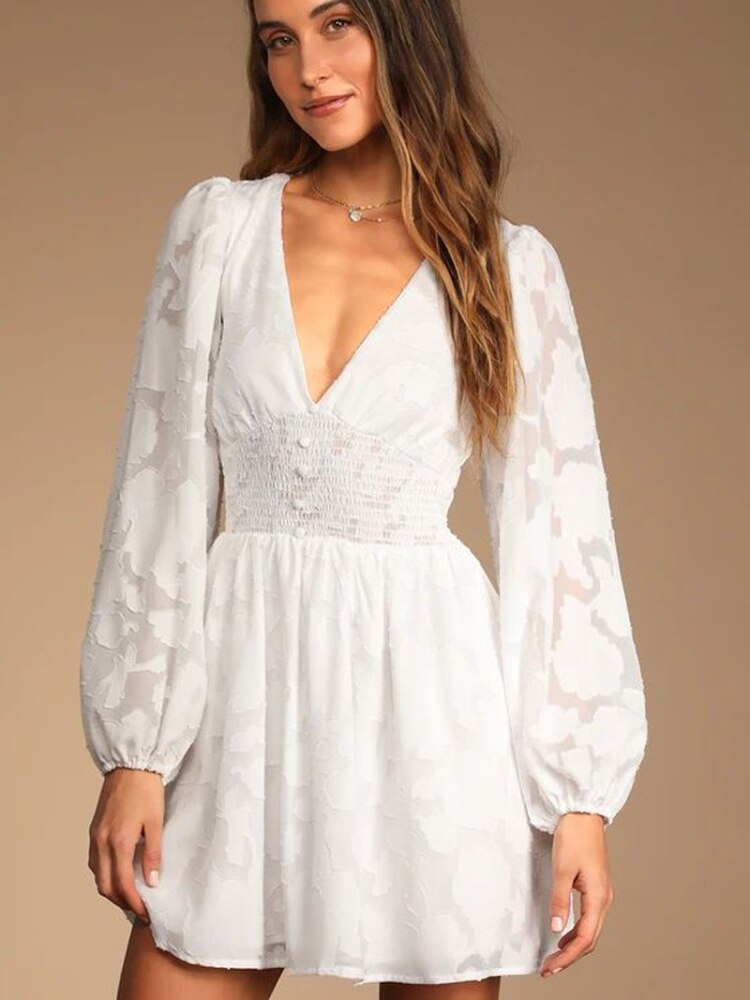 Elegant Party Dresses for Women New Long Sleeved V-neck Chiffon White Dress Fashion Hollow Out Jacquard A-line Short Skirt - - DYAVOR®