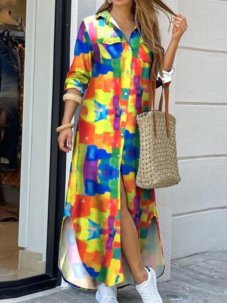Spring Autumn New Fashion Trend Loose Casual Dress Long Sleeve Dresses Oversize Lapel Shirt Skirt Woman Clothes Streetwear Robe - - DYAVOR®