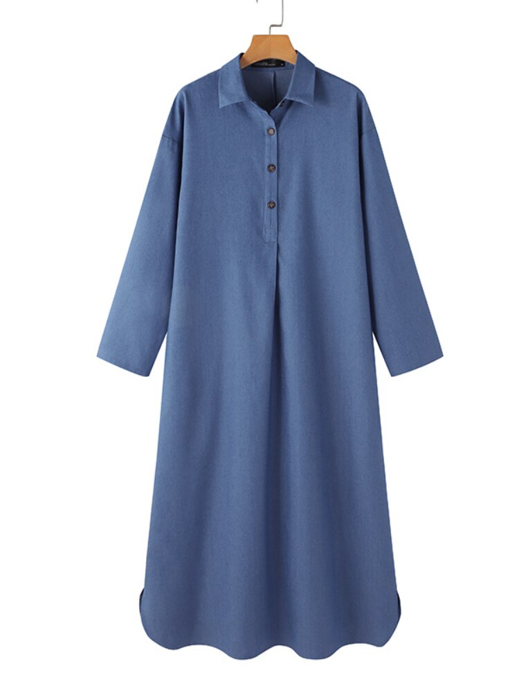 Dresses for Women 2023 Solid Color Lapel Long Sleeved Denim Dress Elegant Fashionable Oversize Loose Long Dresses Woman Clothing - - DYAVOR®