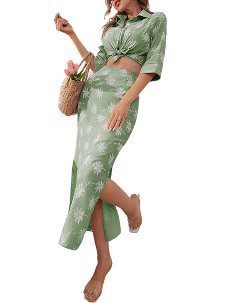 Two Piece Set for Women 2023 Spring Summer New Women's Floral Skirt Suit Shirt Temperament Elegant Print Split Skirt Dresses - - DYAVOR®