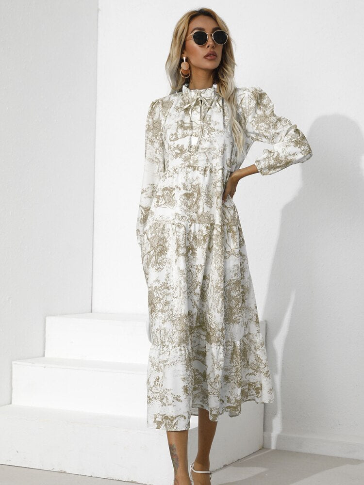 Elegant Women's Dresses for Party 2022 New Autumn Long Sleeve Printed Dress Fashionable Round Neck Dress Casual Streetwear Robe - - DYAVOR®