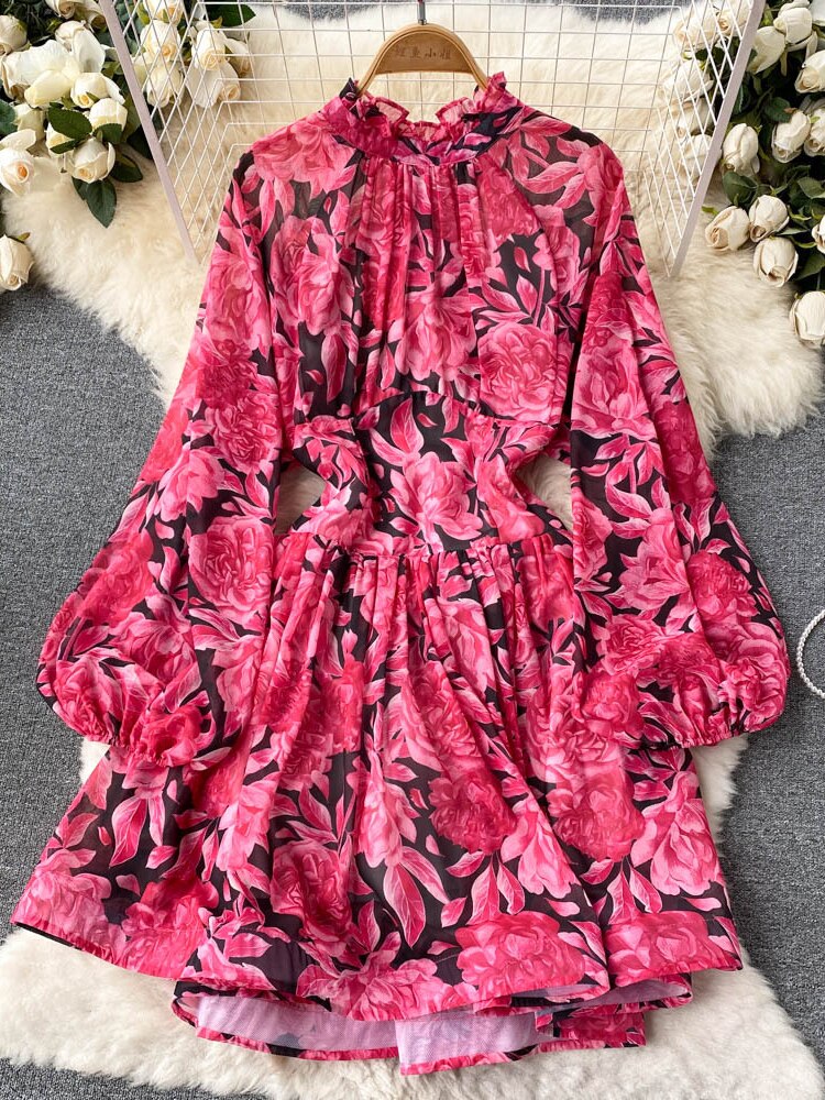 Clothes for Women New Fashion Print Open Back Sexy Dress Stand Up Neck Lace Up Long Sleeve Short Dresses Holidays Streetwear - - DYAVOR®