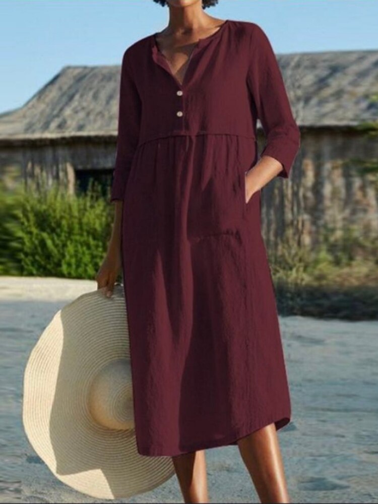 Dresses for Women 2023 Summer New Round Neck Button Solid Color Dress Oversize Loose Fit Long Dress Fashion Casual Streetwear - - DYAVOR®
