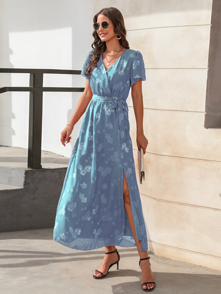 Elegant Party Dress for Women 2023 New In Dresses V-neck High Waist Strap Sexy Dress Jacquard Split Short Sleeve Long Dresses - - DYAVOR®