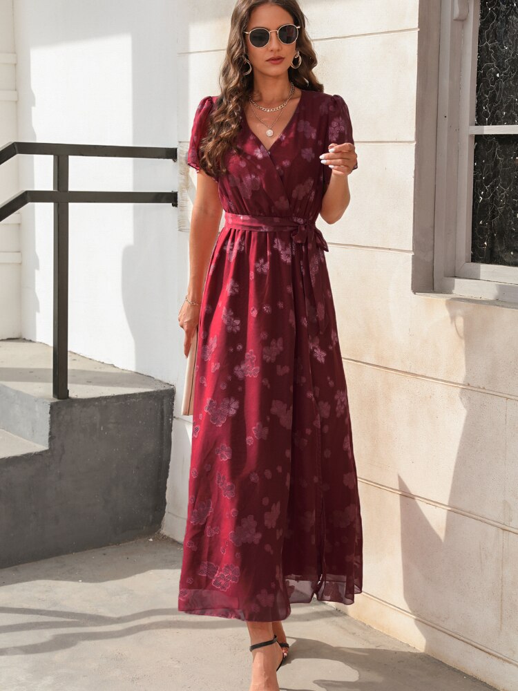Elegant Party Dress for Women 2023 New In Dresses V-neck High Waist Strap Sexy Dress Jacquard Split Short Sleeve Long Dresses - - DYAVOR®