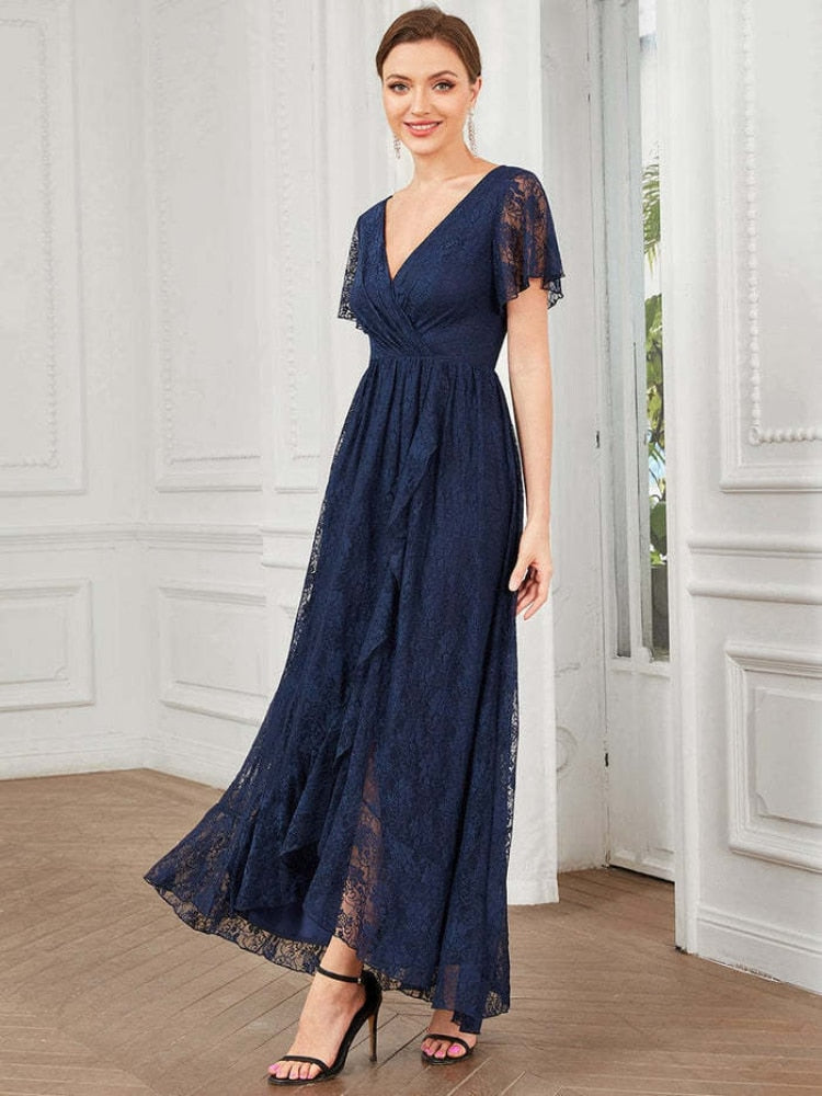 Elegant Party Dresses for Women 2023 New Lace Short Sleeve V-neck Evening Dress Irregular Wavy Dress Oversized Female Clothing - - DYAVOR®