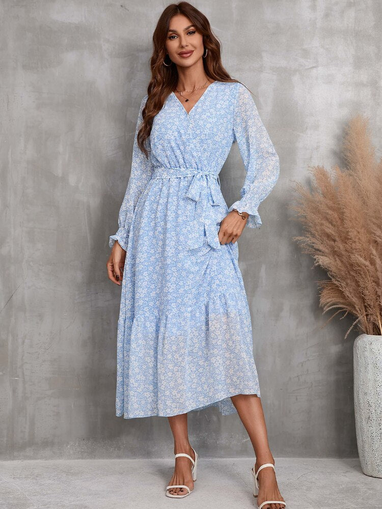 Elegant Dresses for Women New 2023 Spring Autumn V-neck Printed Chiffon Dresses Fashion Sexy Dress Streetwear Women Clothing - - DYAVOR®