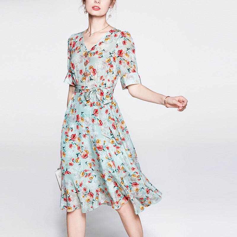 2023 Summer New in Women's Dress High-end Elegant Print Retro Female Casual Loose Dresses Sexy High Waist Women's Party Dress - - DYAVOR®
