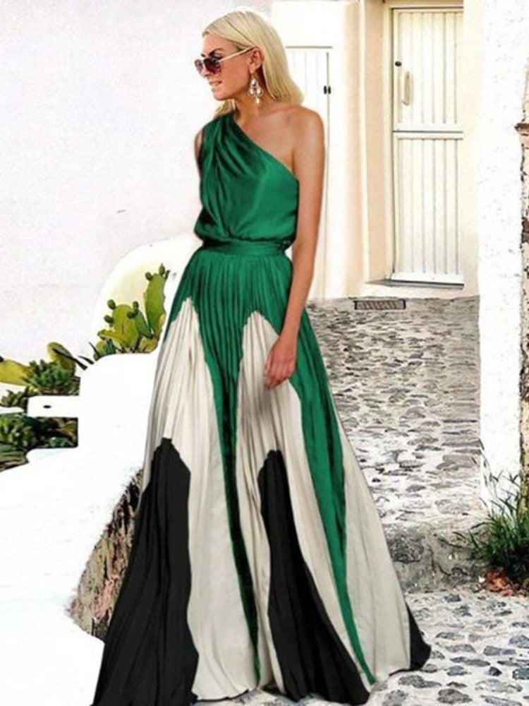 Spring Summer 2023 New Off-the-Shoulder Printed Sexy Dress Women Contrast Loose Spliced Long Dresses Formal Occasion Dresses - - DYAVOR®