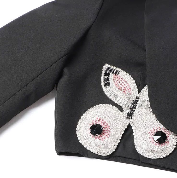 Black Crop Suit with Rhinestone Butterflies - - DYAVOR®
