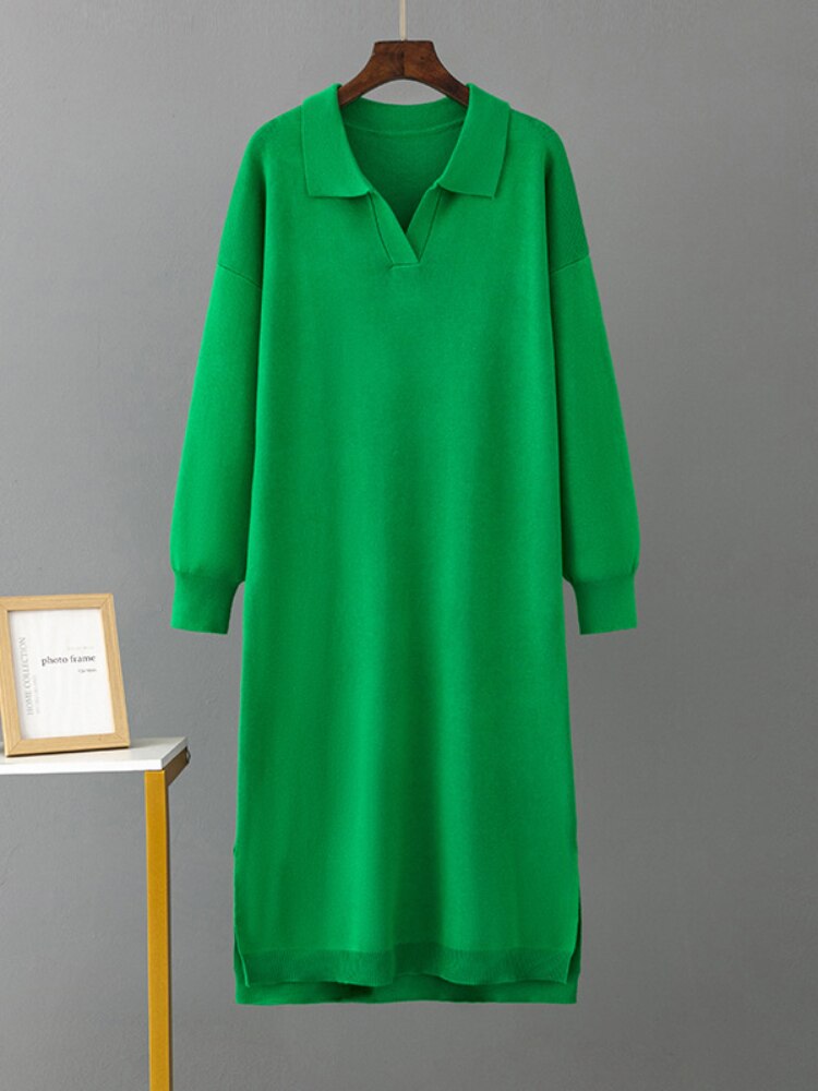 Long Dresses for Women Autumn Winter New Polo Neck Bottom Knit Sweater Loose Solid Color Ladies Dress Streetwear Female Clothing - - DYAVOR®