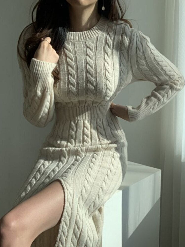 Retro Split Knit Dress Women's 2023 Autumn Winter New Waist Slimming Bottoming Sweater Skirt Dress for Women Sweaters Dresses - - DYAVOR®