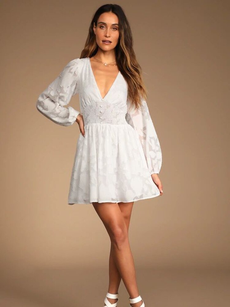Elegant Party Dresses for Women New Long Sleeved V-neck Chiffon White Dress Fashion Hollow Out Jacquard A-line Short Skirt - - DYAVOR®