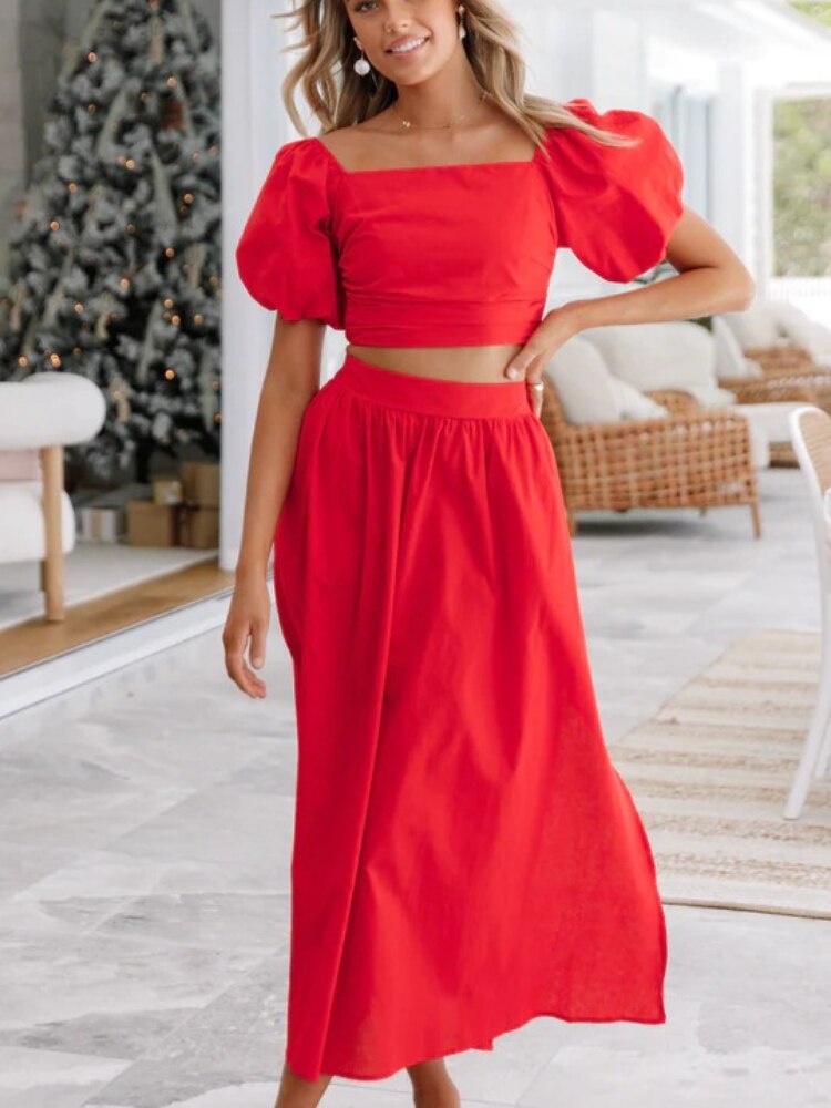 Summer Set for Women 2 Pieces 2023 New Lantern Sleeve Collar Top Split Sexy Dress Two-piece Set Elegant Women's Sets Dresses - - DYAVOR®