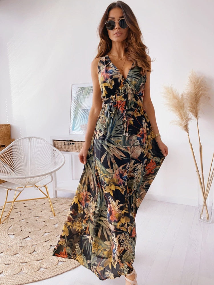 Dresses Summer New Fashion Temperament Long Skirt Beach Style Backless V-neck Printed Bandage Waist Closed Casual Women's Dress - - DYAVOR®