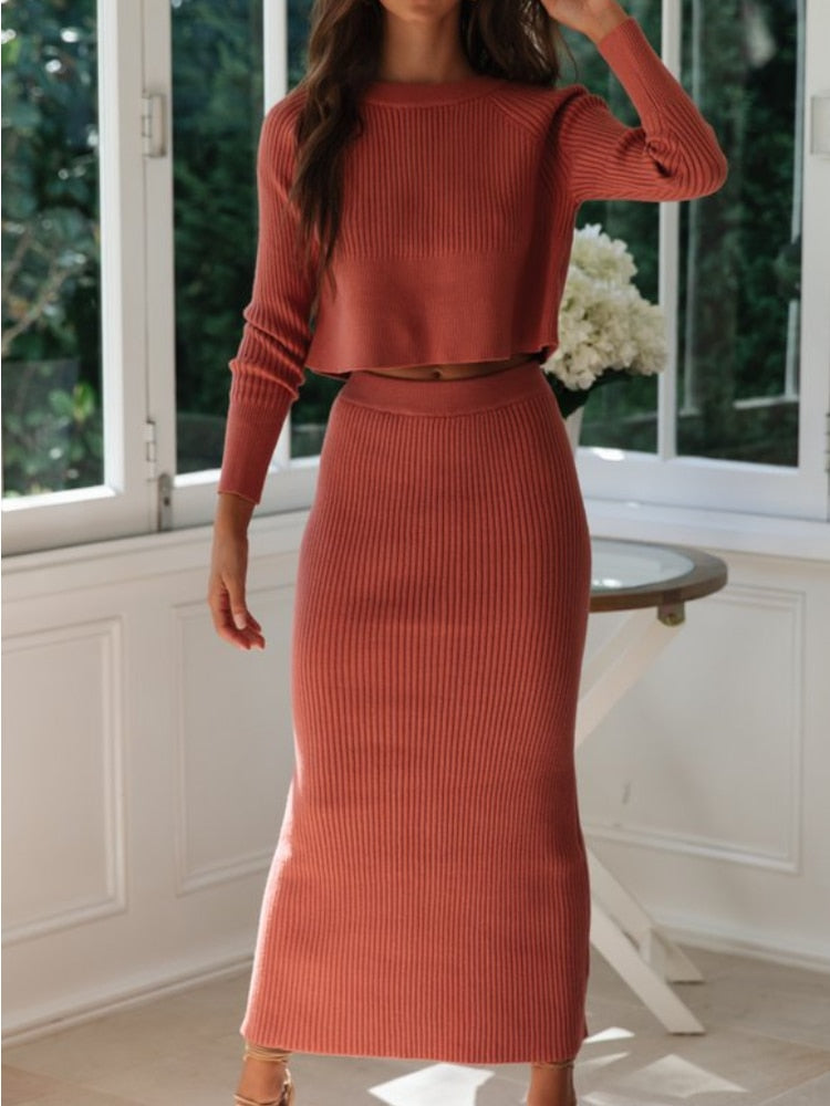 Knitted Sweater Sets To Dress Autumn Winter New Fashion Long Sleeved Top Split Hem Long Skirts Womens 2 Piece Outfit Set Dresses - - DYAVOR®