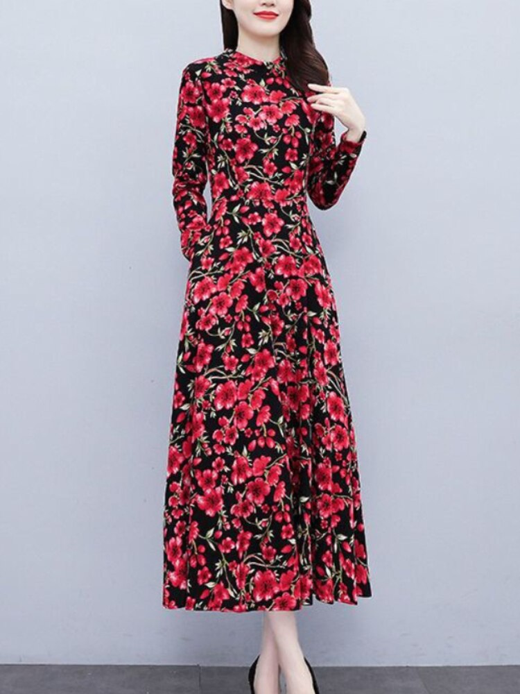 Spring Autumn New Korean Fashion Floral Long Sleeve Dresses Temperament Slim Mid Length Dress Oversize Woman Clothes Red Dress - - DYAVOR®