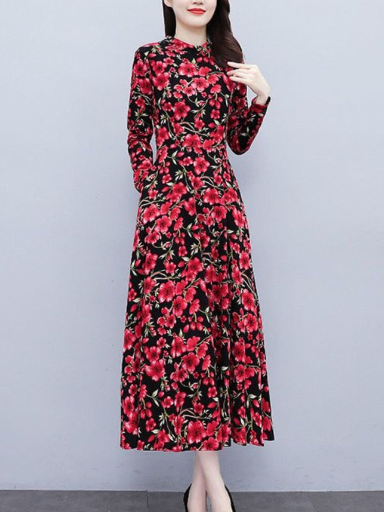 Spring Autumn New Korean Fashion Floral Long Sleeve Dresses Temperament Slim Mid Length Dress Oversize Woman Clothes Red Dress - - DYAVOR®