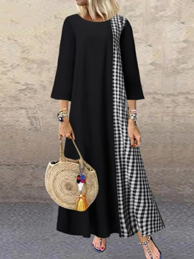 Spring Summer New Loose Plaid Patchwork Women's Dress Middle Sleeve Round Neck Llong Dresses Fashion Casual Women Clothing Robe - - DYAVOR®