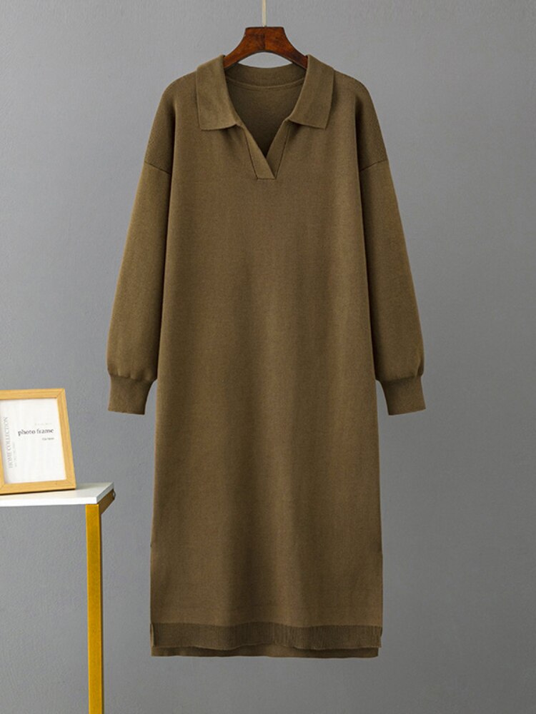 Long Dresses for Women Autumn Winter New Polo Neck Bottom Knit Sweater Loose Solid Color Ladies Dress Streetwear Female Clothing - - DYAVOR®