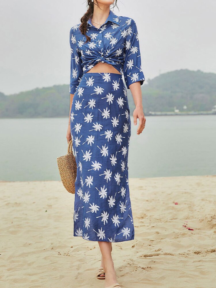 Two Piece Set for Women 2023 Spring Summer New Women's Floral Skirt Suit Shirt Temperament Elegant Print Split Skirt Dresses - - DYAVOR®