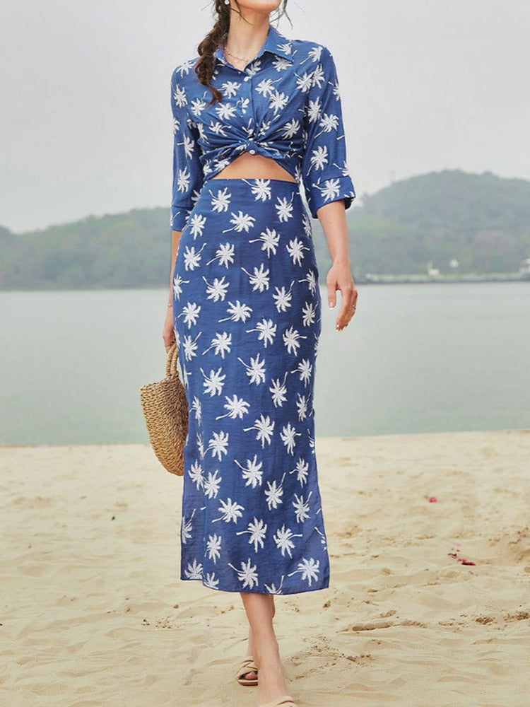 Two Piece Set for Women 2023 Spring Summer New Women's Floral Skirt Suit Shirt Temperament Elegant Print Split Skirt Dresses - - DYAVOR®