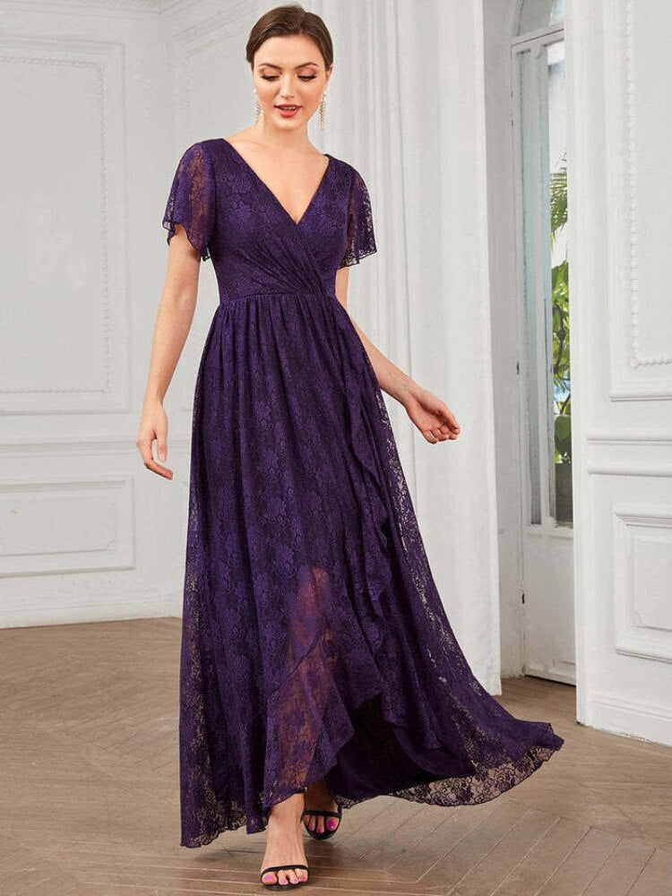 Elegant Party Dresses for Women 2023 New Lace Short Sleeve V-neck Evening Dress Irregular Wavy Dress Oversized Female Clothing - - DYAVOR®