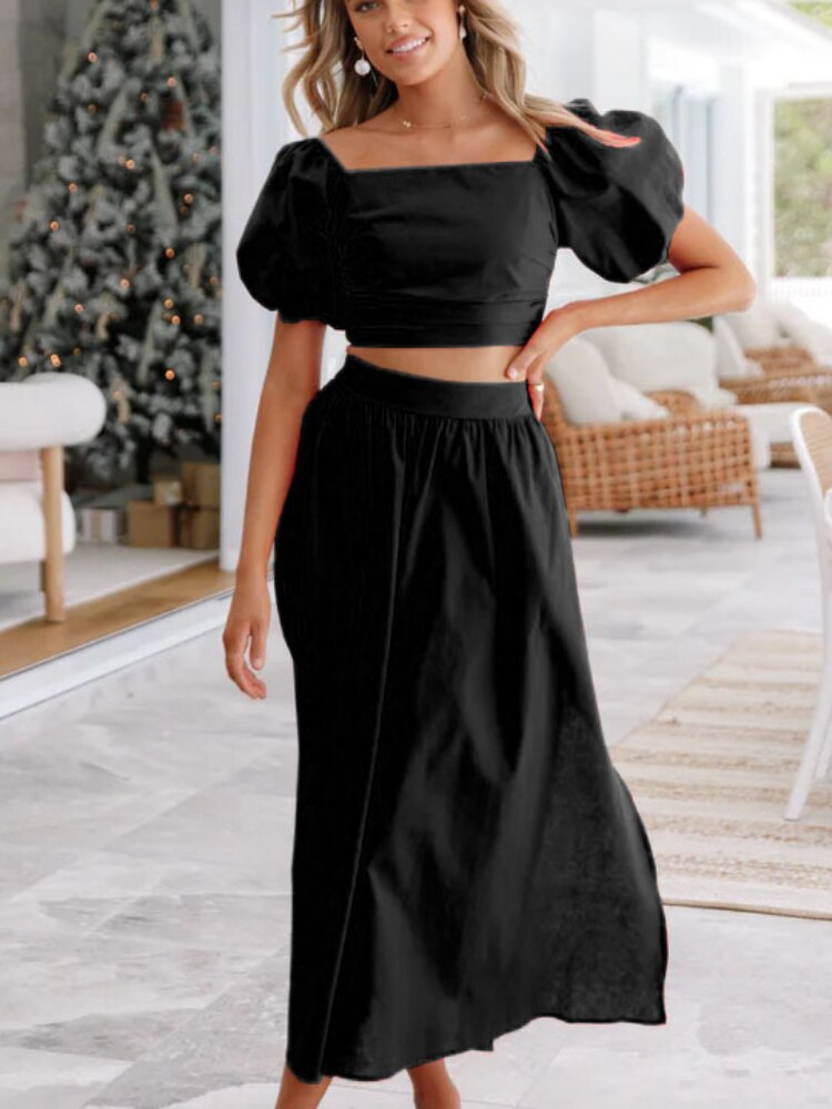 Summer Set for Women 2 Pieces 2023 New Lantern Sleeve Collar Top Split Sexy Dress Two-piece Set Elegant Women's Sets Dresses - - DYAVOR®