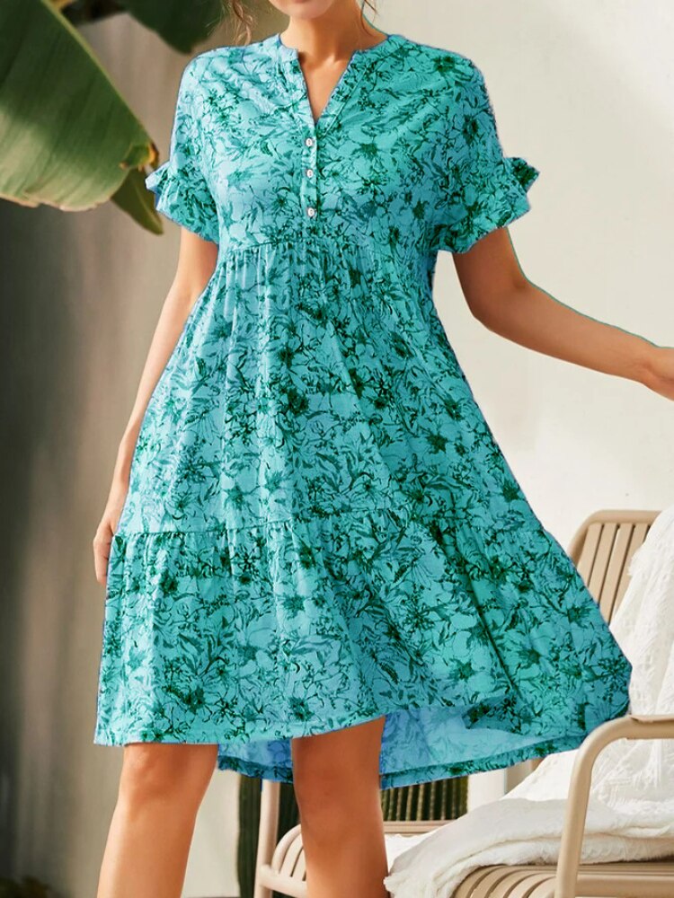 Dresses for Women 2023 Summer New V-neck Button Print Dress Women's Short Sleeves Loose Short Dresses Streetwear Woman Clothing - - DYAVOR®
