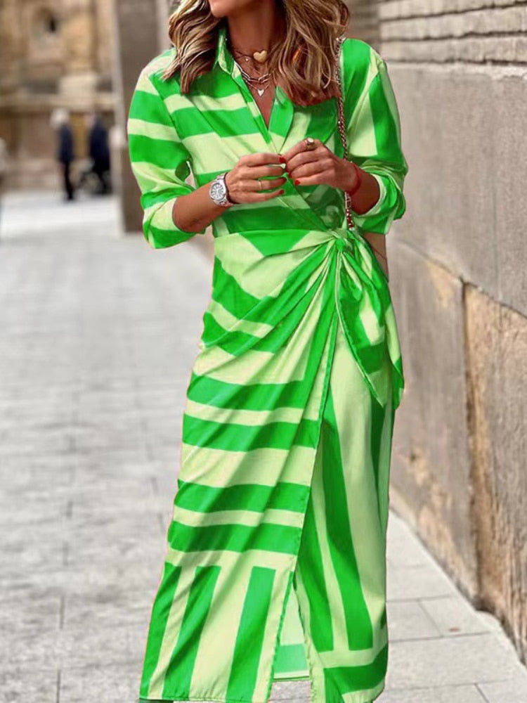 Spring Summer Fashion Print Dress Blouse Neck Tie Mid Length Striped Skirt Casual Comfortable Street Women's Wear Dresses Robe - - DYAVOR®