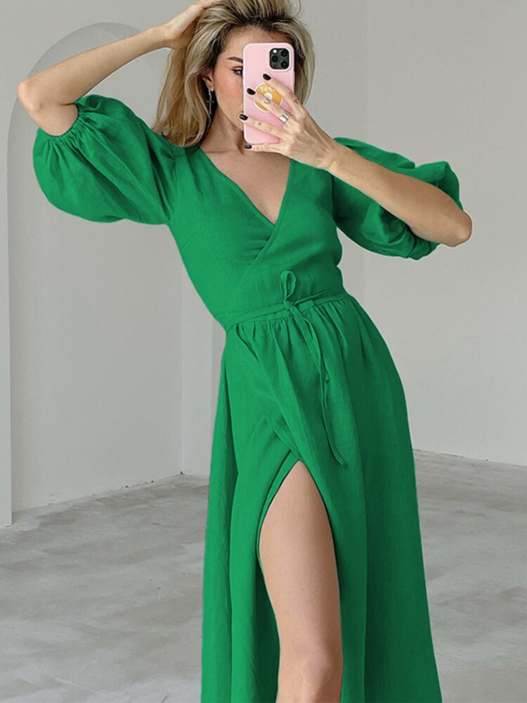 Spring Summer New V-neck Sexy Dress Solid Color Pleated Long Dresses Elegant Fashion Long Luxury Evening Dresses Female Dress - - DYAVOR®
