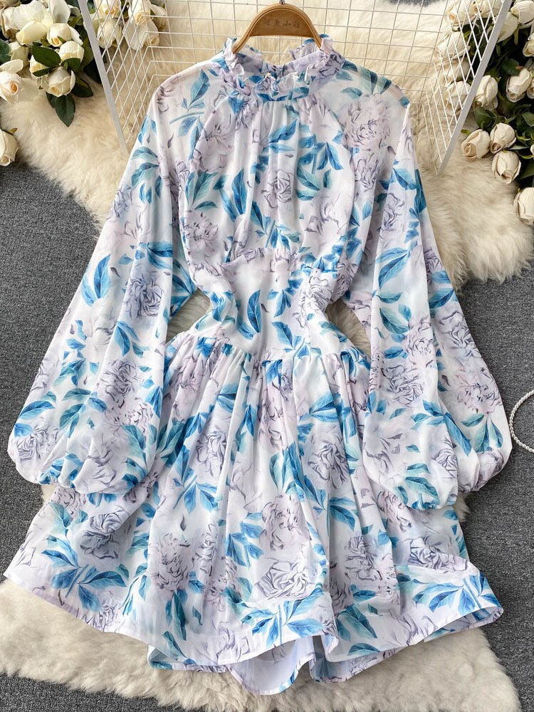 Clothes for Women New Fashion Print Open Back Sexy Dress Stand Up Neck Lace Up Long Sleeve Short Dresses Holidays Streetwear - - DYAVOR®